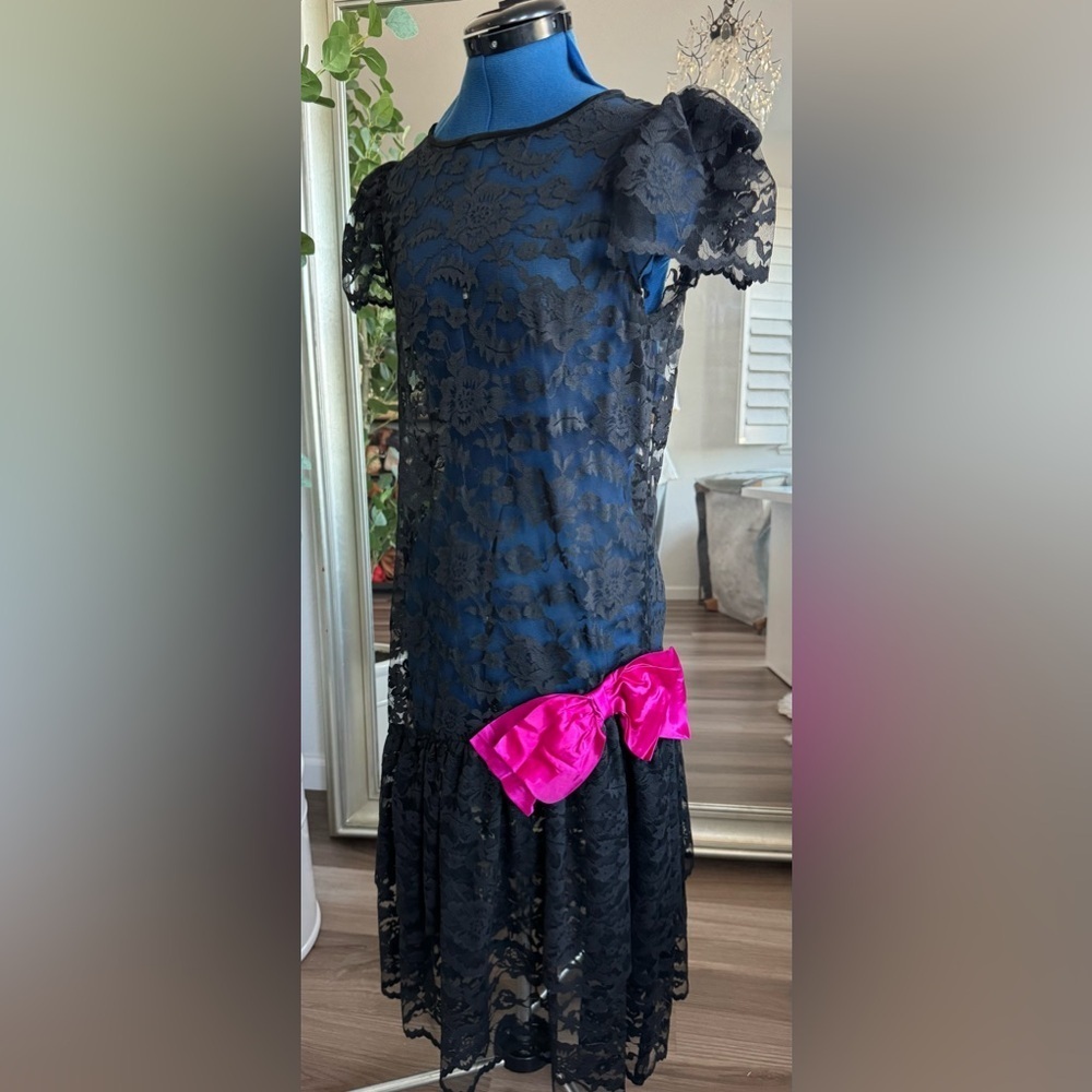 Vintage 80s Neiman Marcus Big Pink Bow Black Lace Maxi Dress - Picture 1 of 11